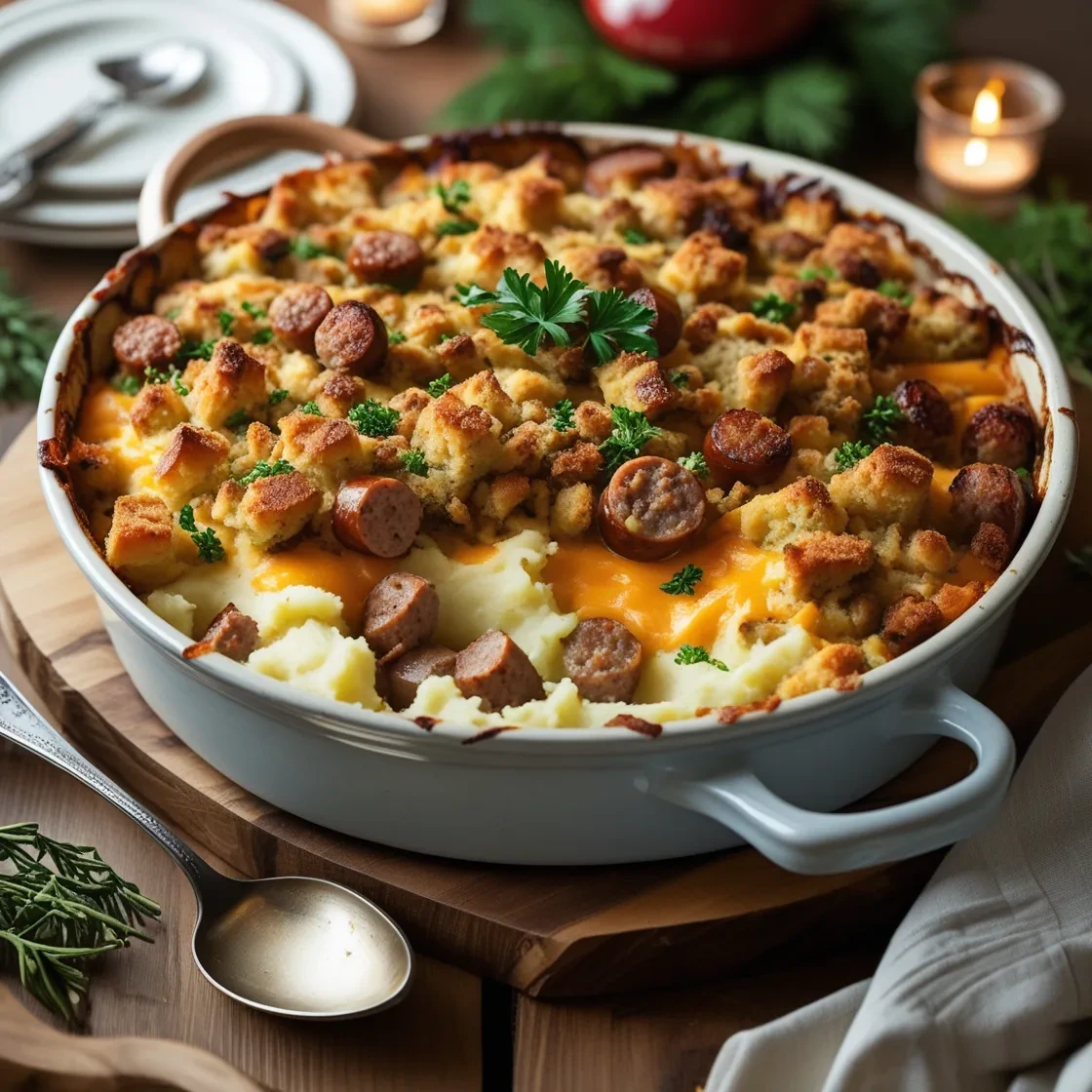 A close-up of a cheesy potato stuffing dish with golden-brown melted cheese, chunks of smoked sausage, and garnished with fresh herbs in a rustic baking dish.
