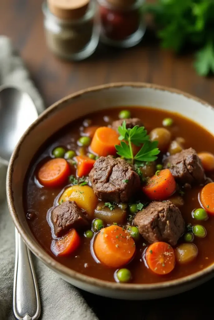 A bowl of beef stew with tender meat and vegetables, seasoned with herbs and spices in a rich gravy.
