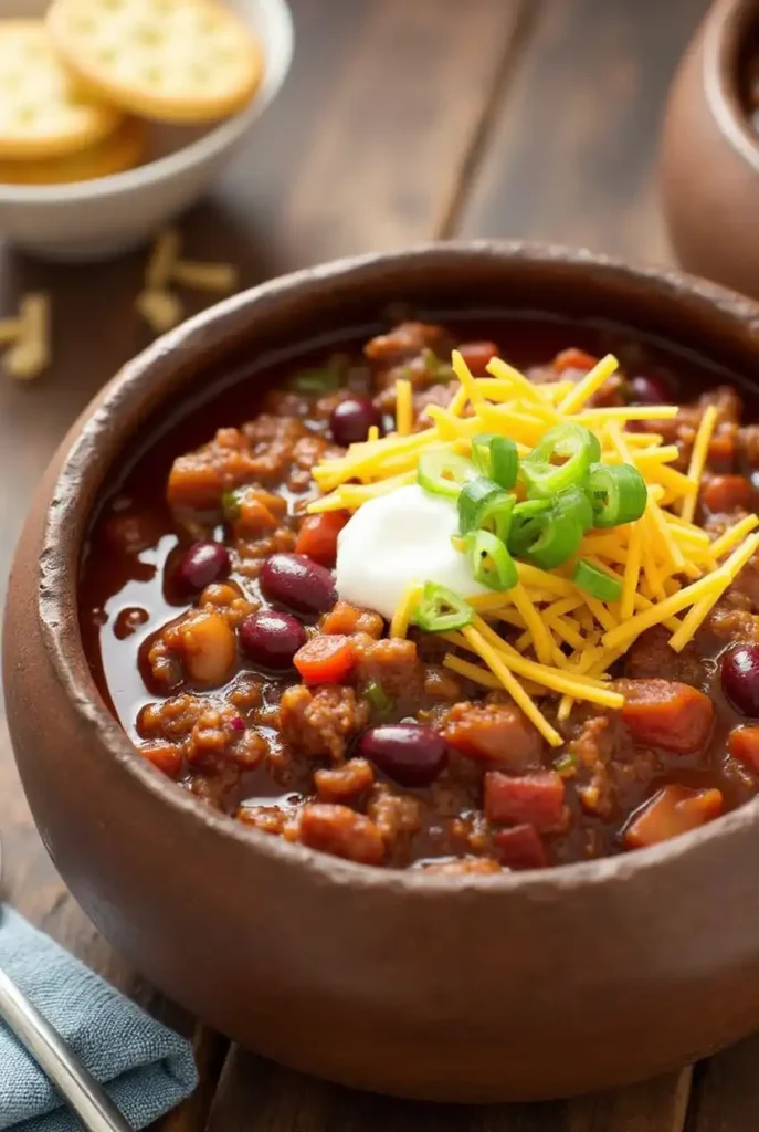 A bowl of chili made with Brooks seasoning, topped with cheese, sour cream, and green onions.