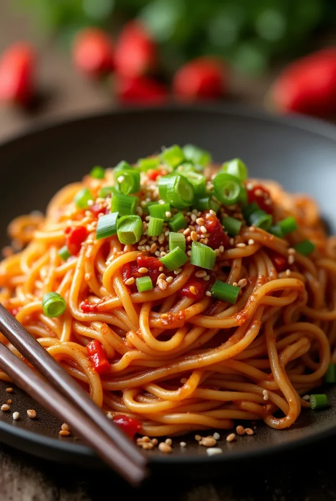 A plate of chilli garlic noodles garnished with green onions, sesame seeds, and red chili peppers.