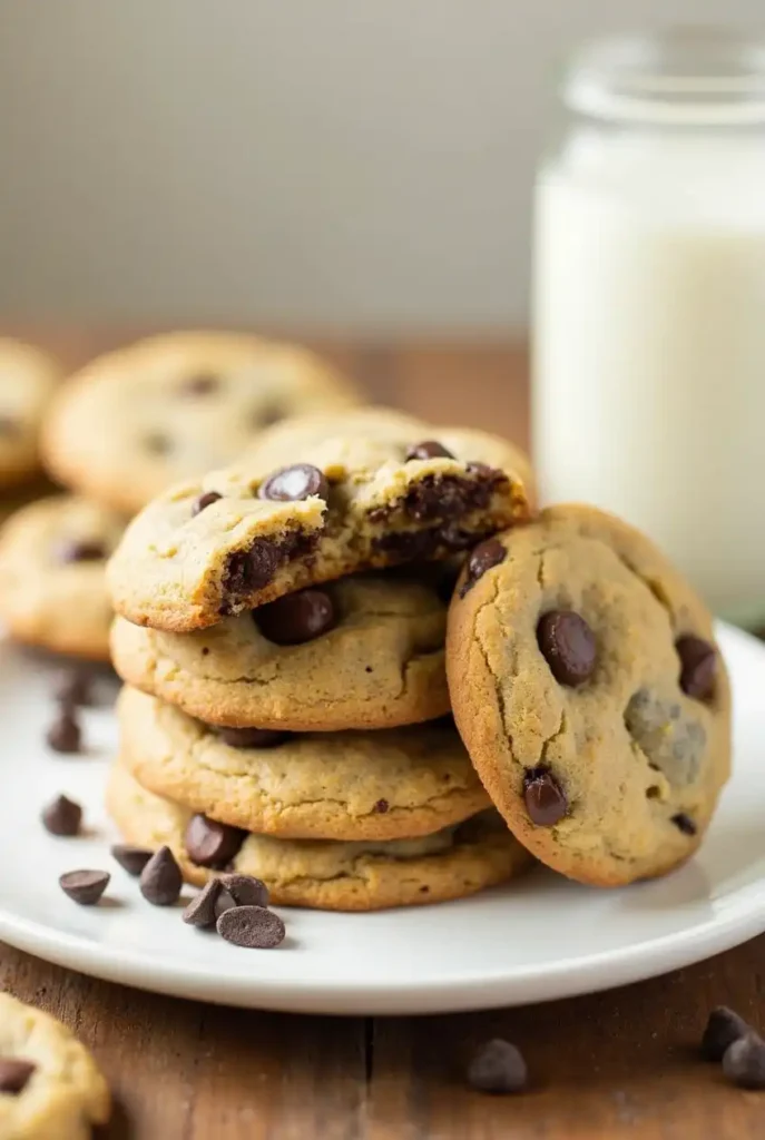 A stack of golden brown chocolate chip cookies with gooey chocolate, served with a glass of milk.