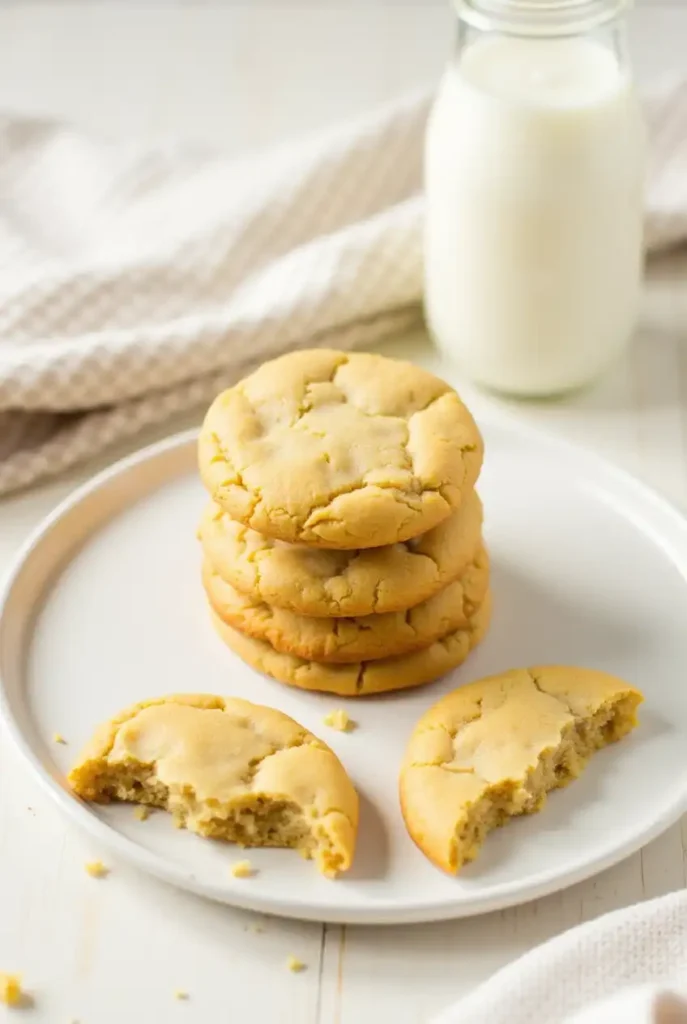 A stack of golden cookies made without brown sugar, served on a white plate with a glass of milk.