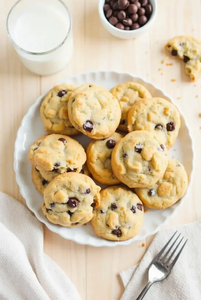 A plate of golden pancake mix cookies, some with chocolate chips and others dusted with powdered sugar, served with milk.
