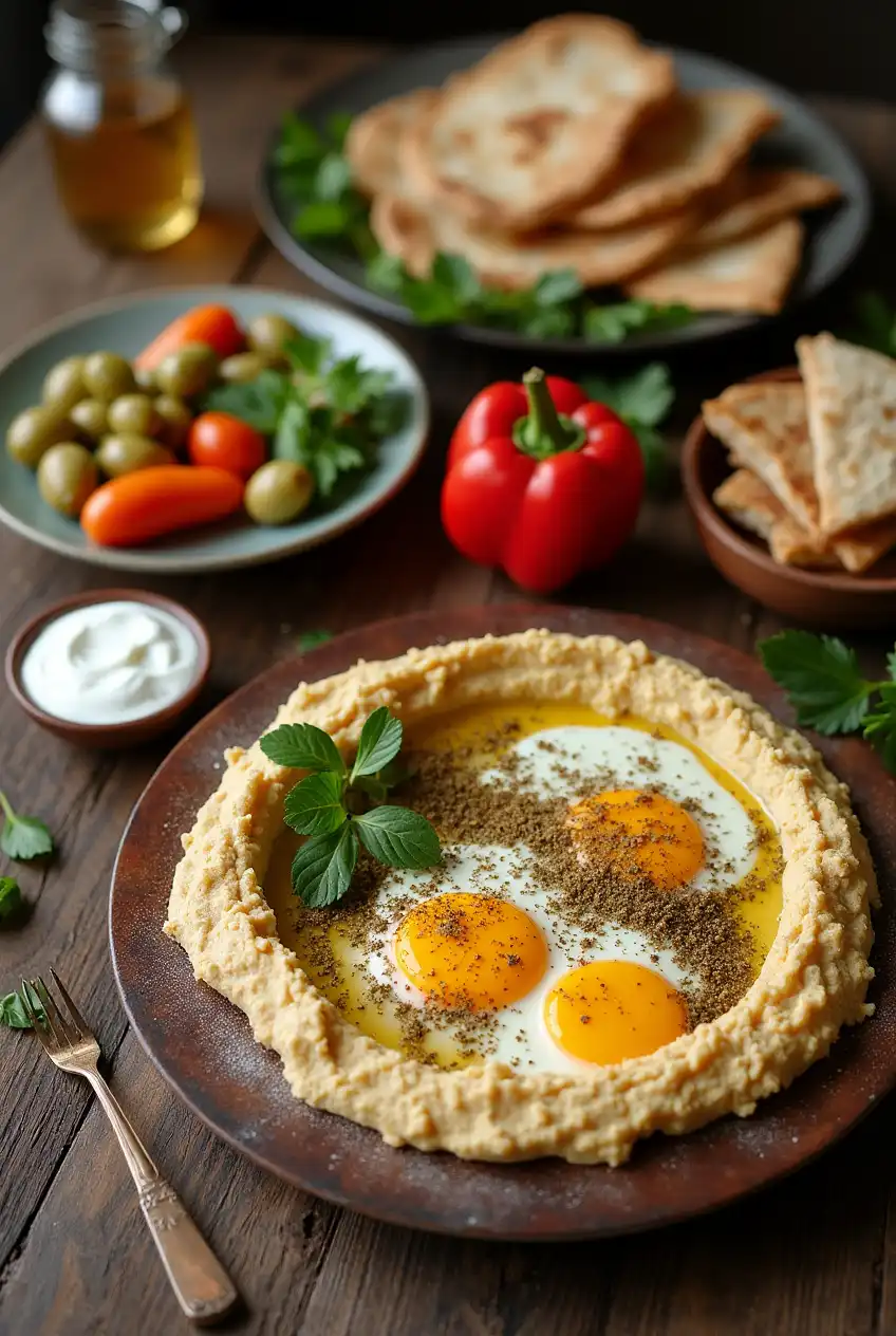 A table filled with various Arabic breakfast food recipes including hummus, eggs, manakeesh, labneh, and olives