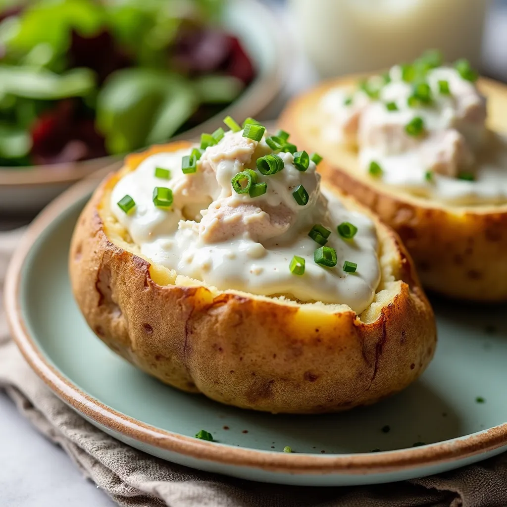 Open baked potato with tuna filling and chive yogurt topping on a ceramic plate