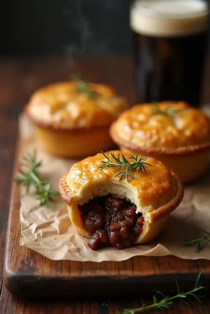 Golden-brown Beef & Guinness pies with flaky pastry crust and rich meat filling.