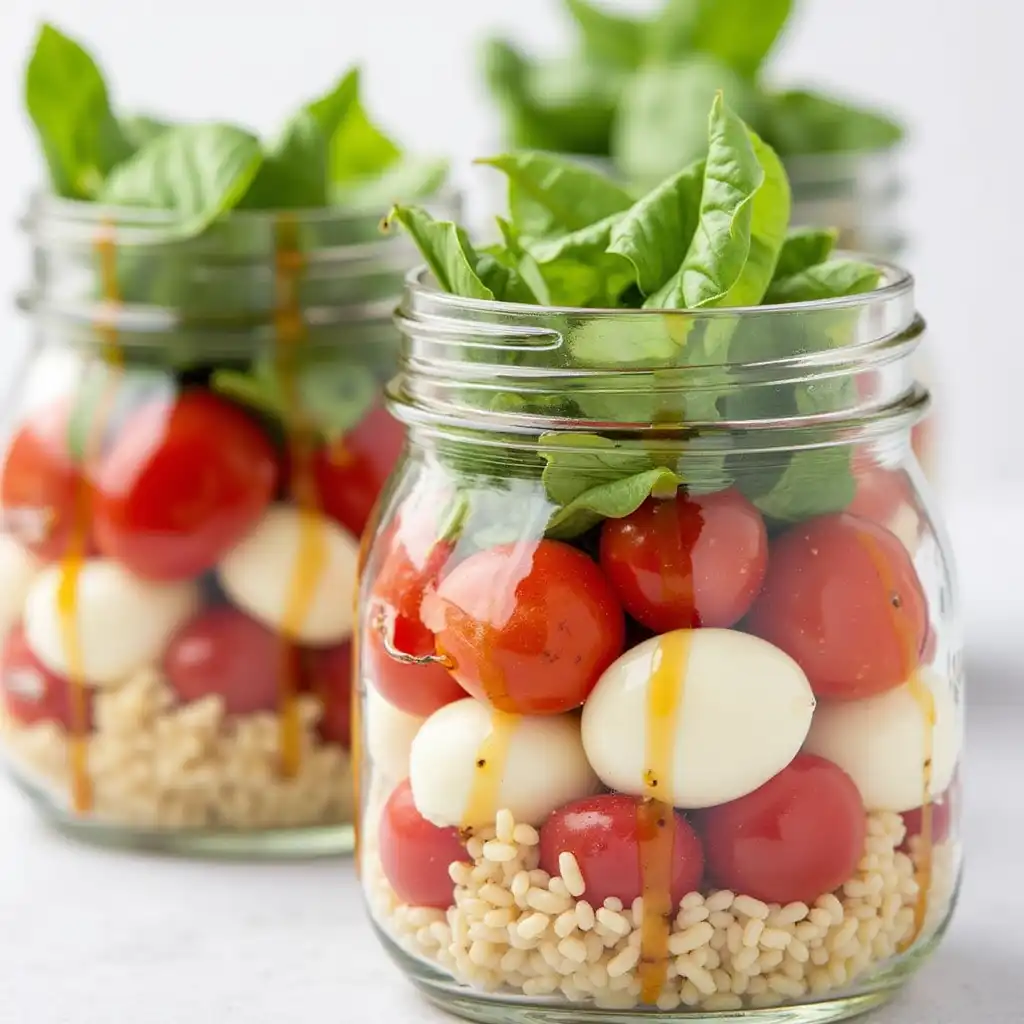 Mason jars layered with couscous, tomatoes, mozzarella, and basil
