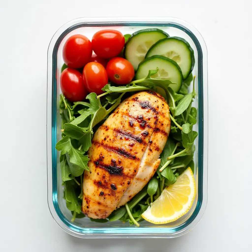 A prep container filled with grilled chicken, mixed greens, tomatoes, and cucumber for lunch