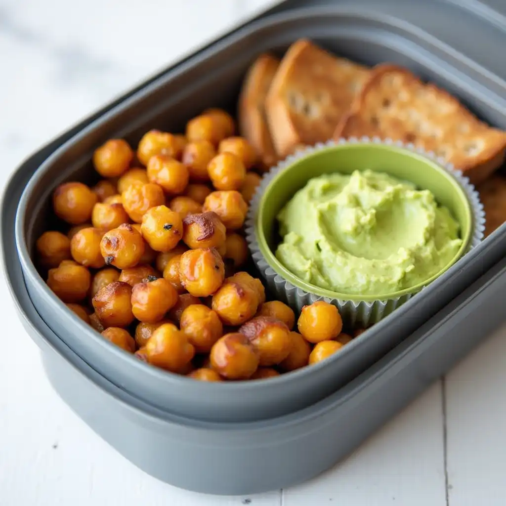 A lunchbox with mashed avocado, crispy chickpeas, and toasted bread slices
