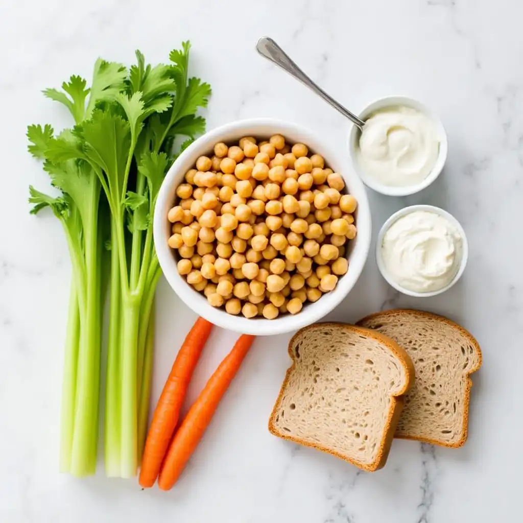 Flat lay of chickpea salad sandwich ingredients including chickpeas, celery, carrots, Greek yogurt, and whole-grain bread.