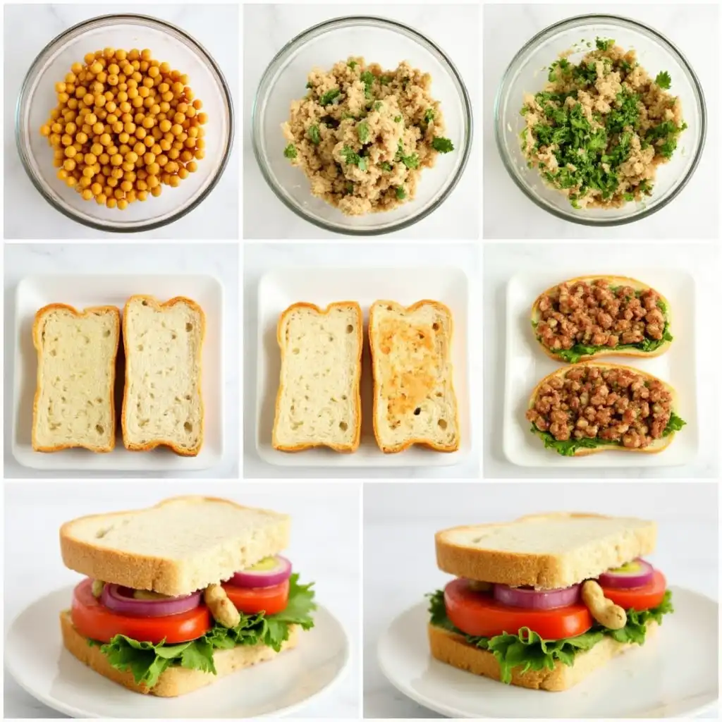 Collage of chickpea salad sandwich preparation steps, from mashing chickpeas to the final cut.