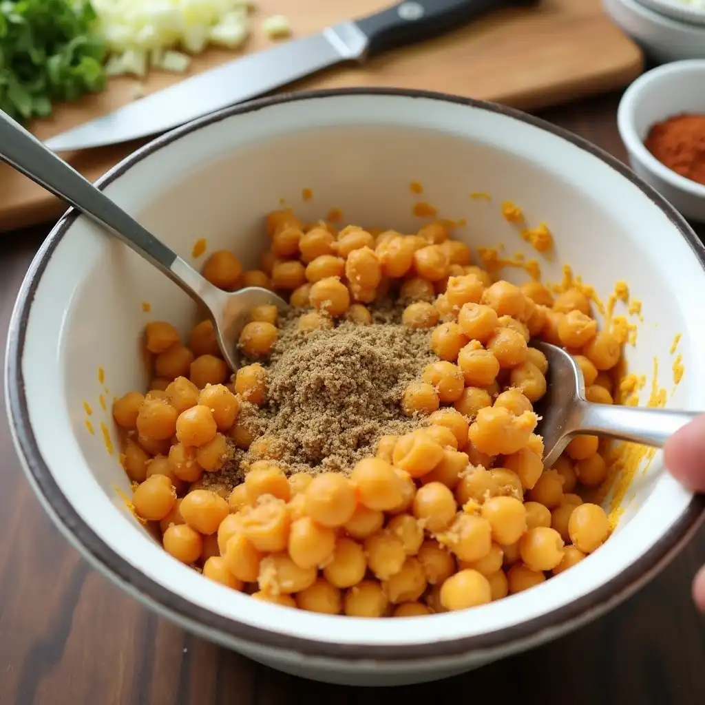 Image of mashing chickpeas in a bowl with a fork and sprinkling of seasoning, preparation tools in background.