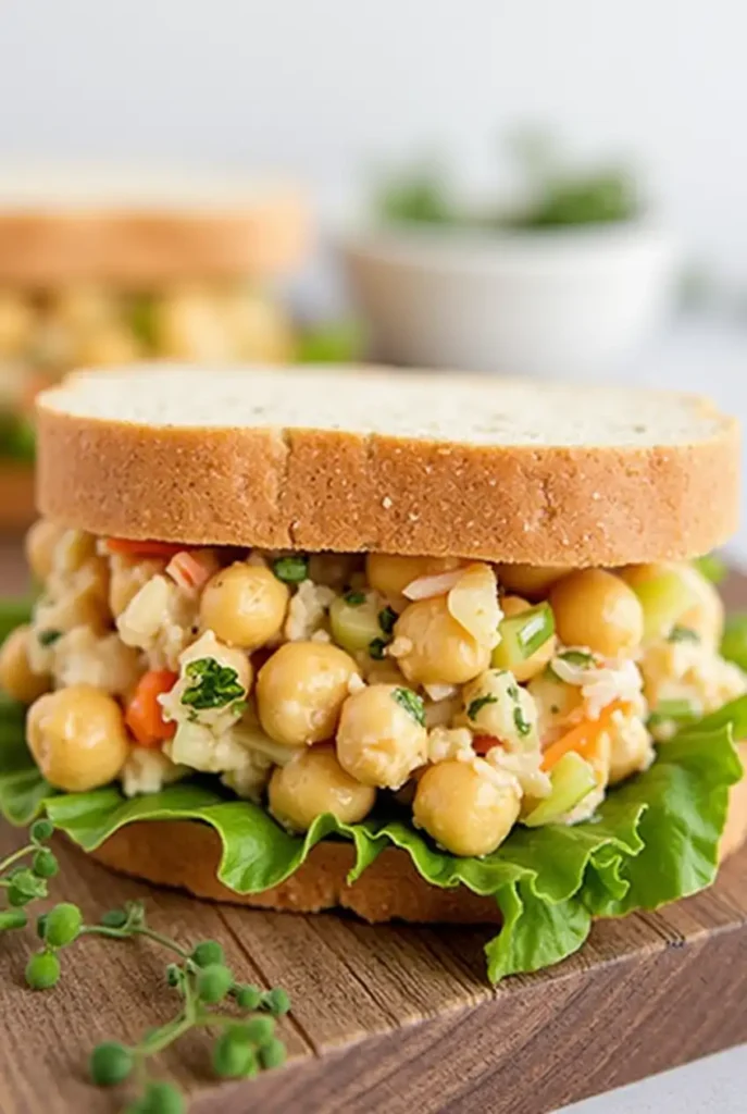 Chickpea salad sandwich with fresh herbs on rustic wooden background, featuring creamy chickpea filling with crunchy celery and carrots in artisanal bread.