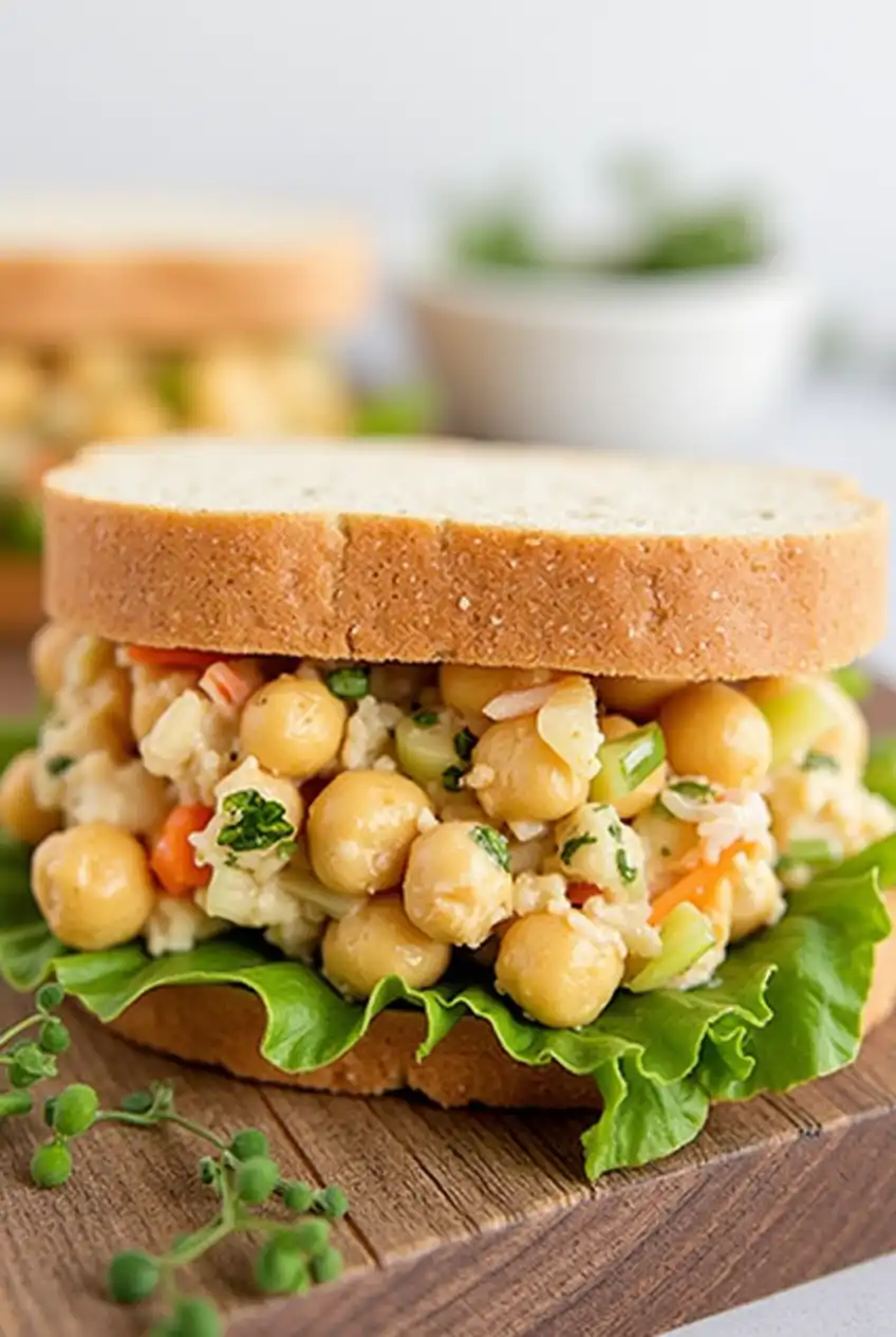 Chickpea salad sandwich with fresh herbs on rustic wooden background, featuring creamy chickpea filling with crunchy celery and carrots in artisanal bread.