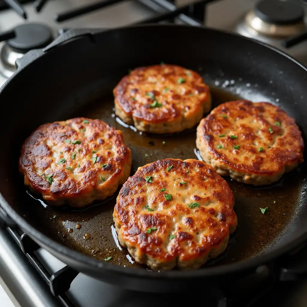 Venison sausage patties frying in a skillet with bubbling oil