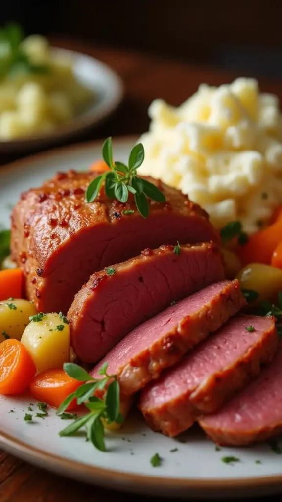 Tender Corned beef Beef slices served with cabbage, potatoes, and carrots on a rustic plate