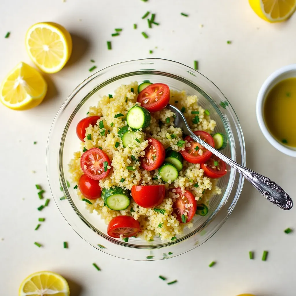 Bowl of quinoa salad with cherry tomatoes, cucumber, and lemon dressing