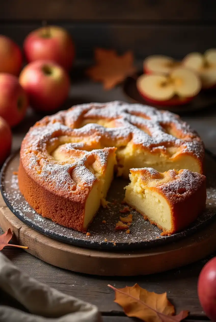 Freshly baked apple cake with a golden-brown crust, dusted with powdered sugar and surrounded by whole and halved apples with fall leaves on a wooden table.