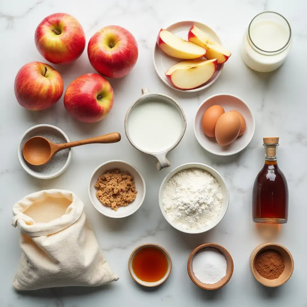 Key ingredients for fresh apple cake displayed on marble countertop including apples, brown sugar, eggs, milk, flour, vanilla extract, cinnamon, and baking powder.