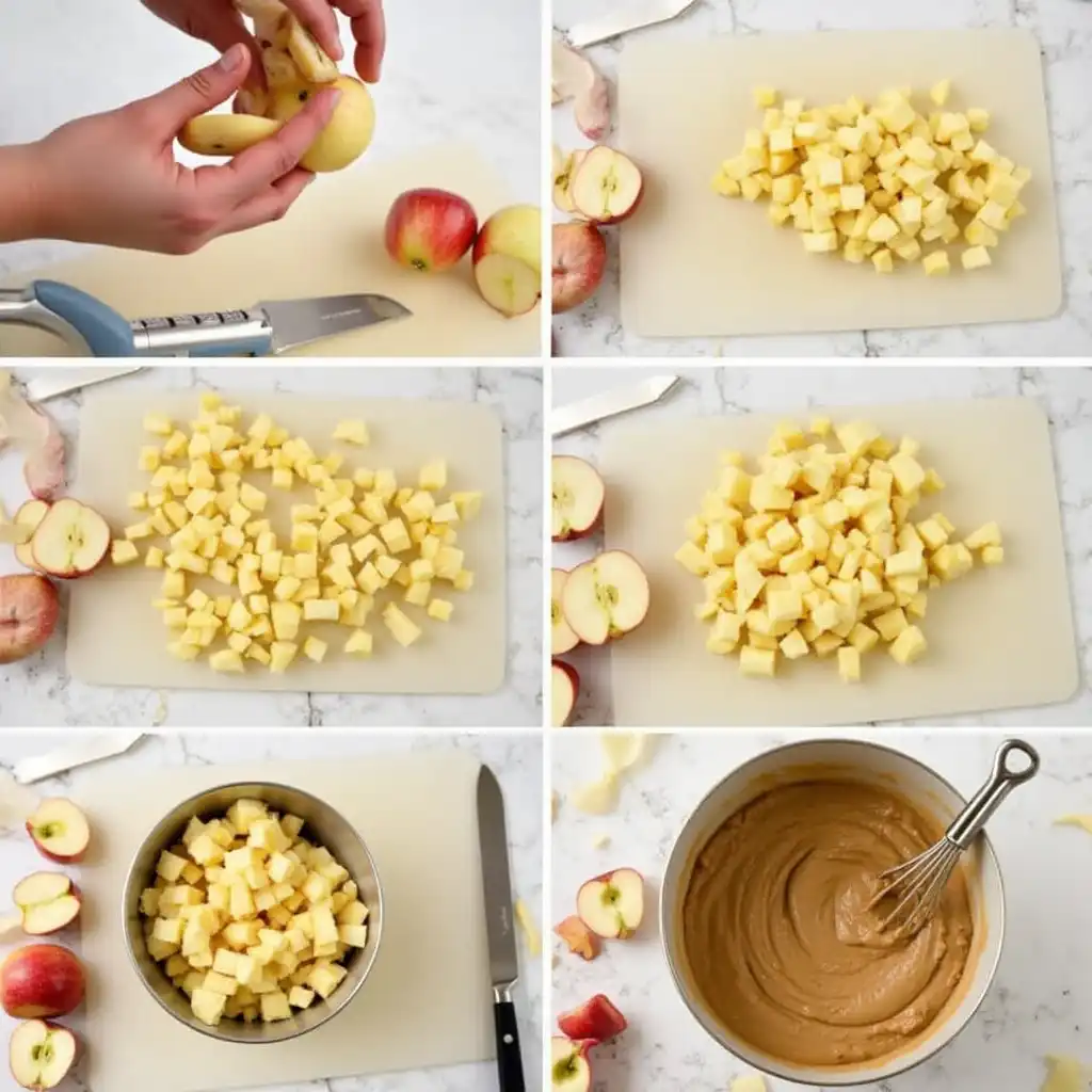Hand holding an apple with peeler and diced apple pieces on a cutting board next to a bowl of prepared apples, showcasing the preparation steps for fresh apple cake.