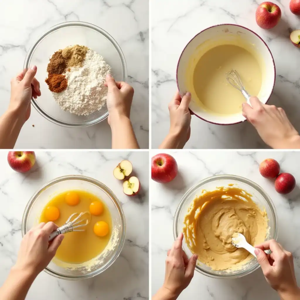 Hands whisking and using a spatula to combine dry ingredients, creamed butter, and eggs for apple cake batter.