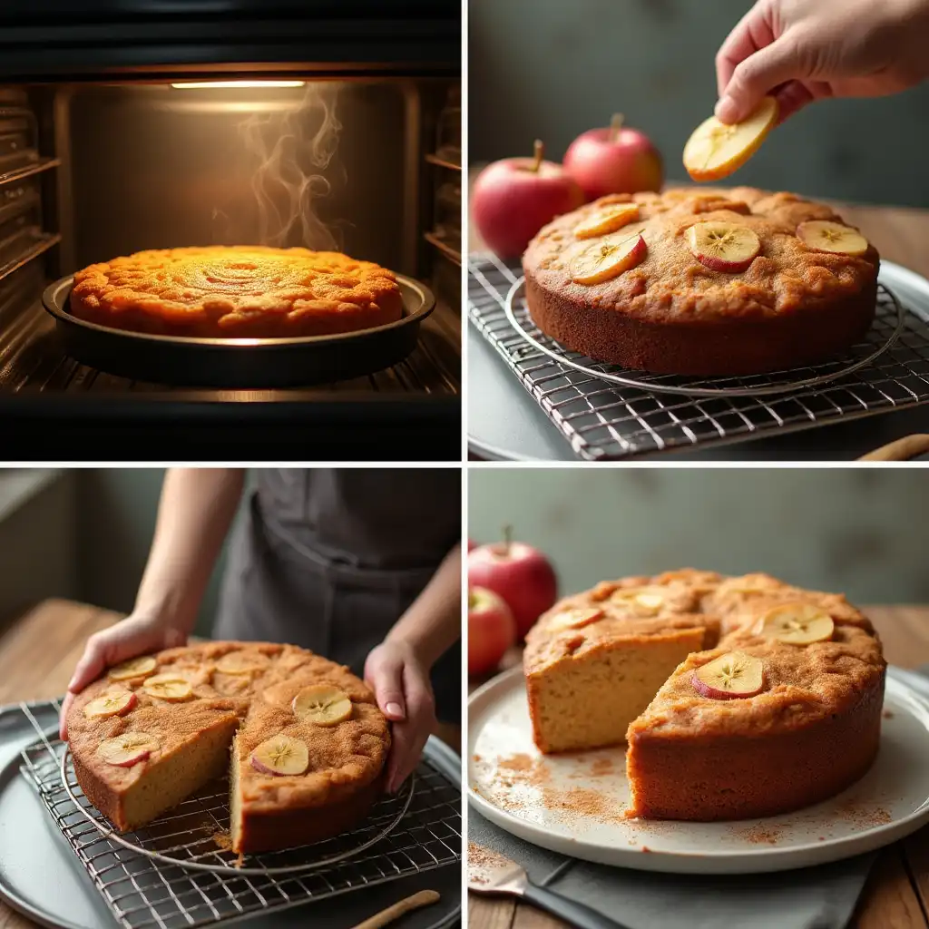 Cake pan in oven, hand garnishing baked apple cake with cinnamon, and a slice being lifted onto a serving platter.