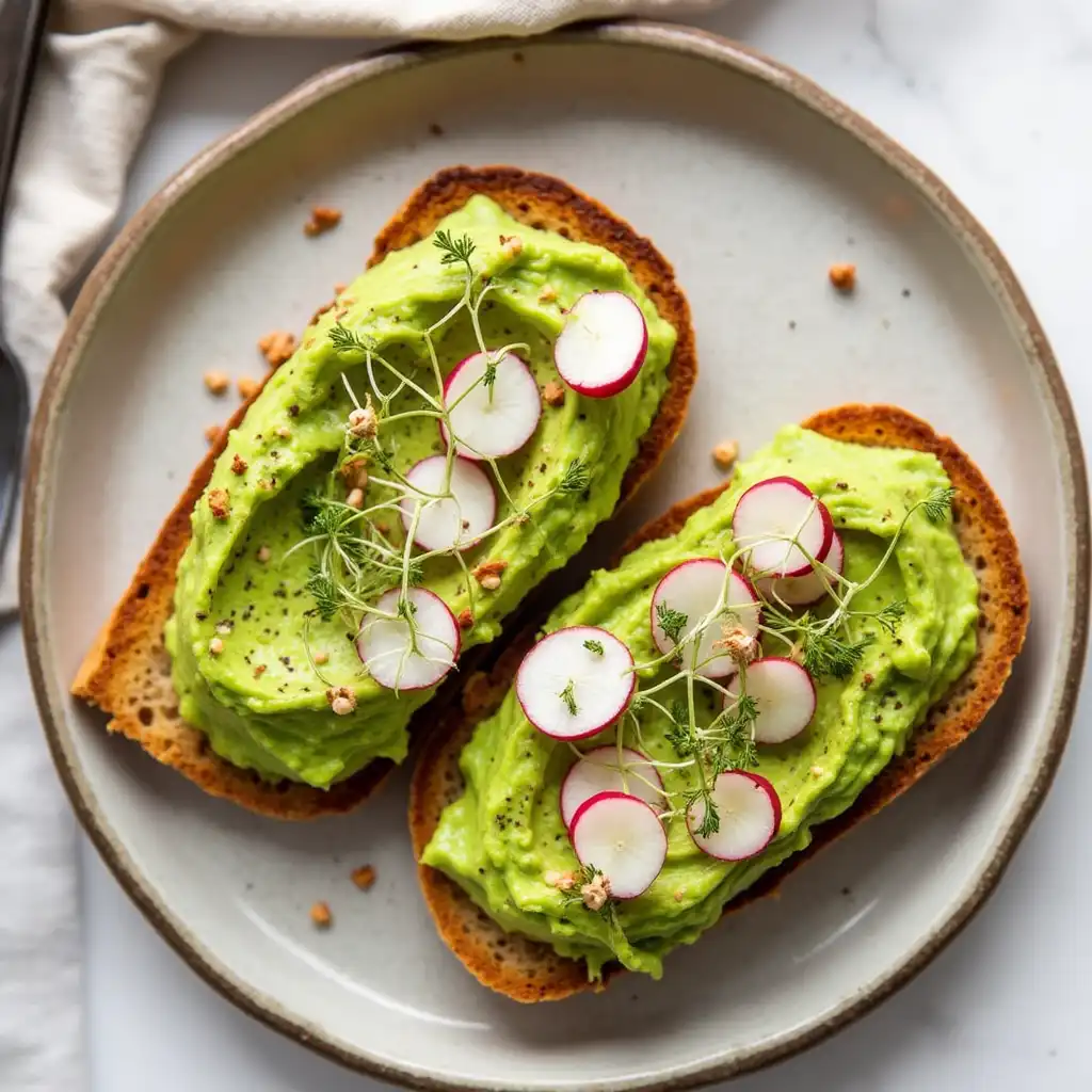 Gluten free avocado toast with radishes and sprouts on toasted bread
