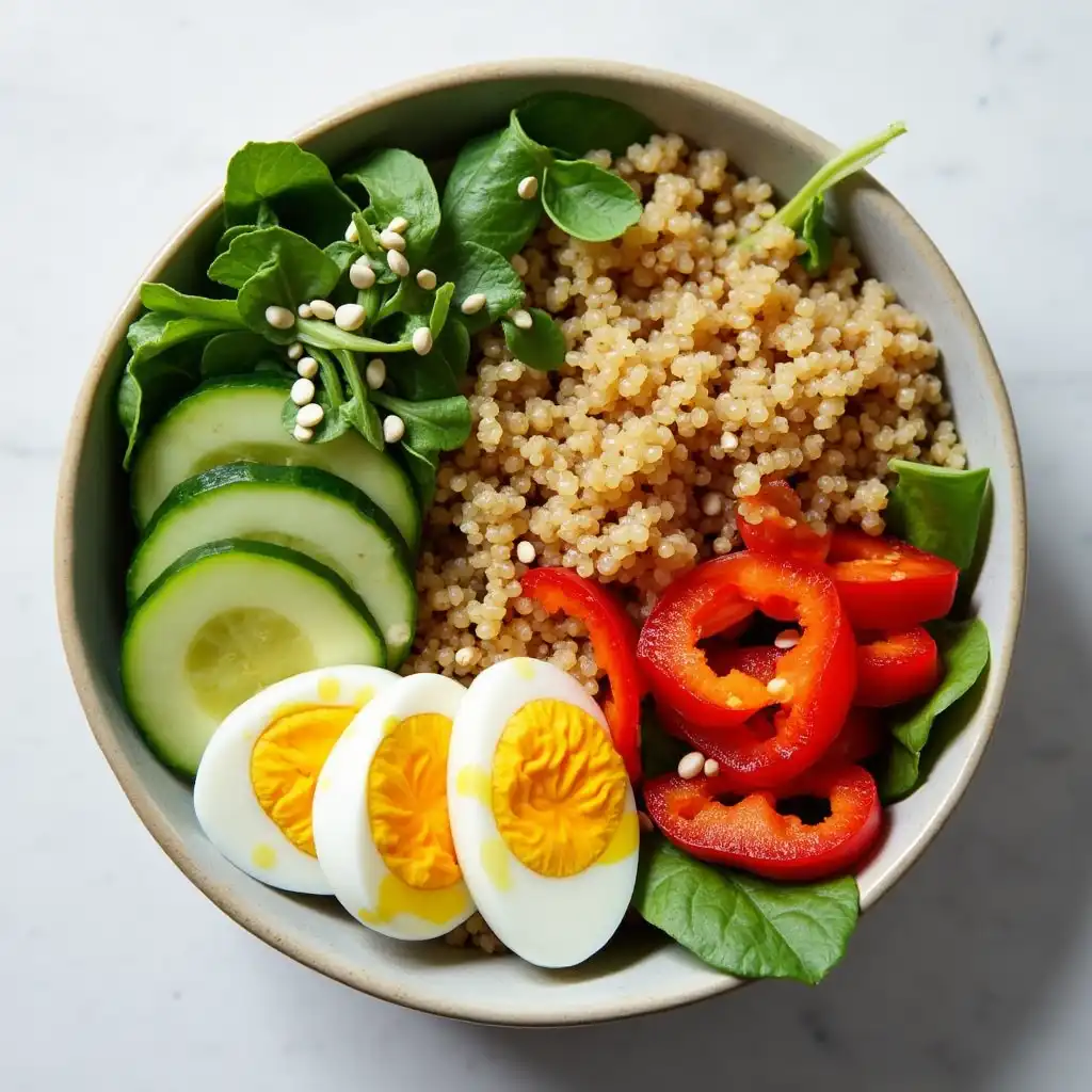 Gluten free breakfast bowl with quinoa, greens, eggs, and vegetables