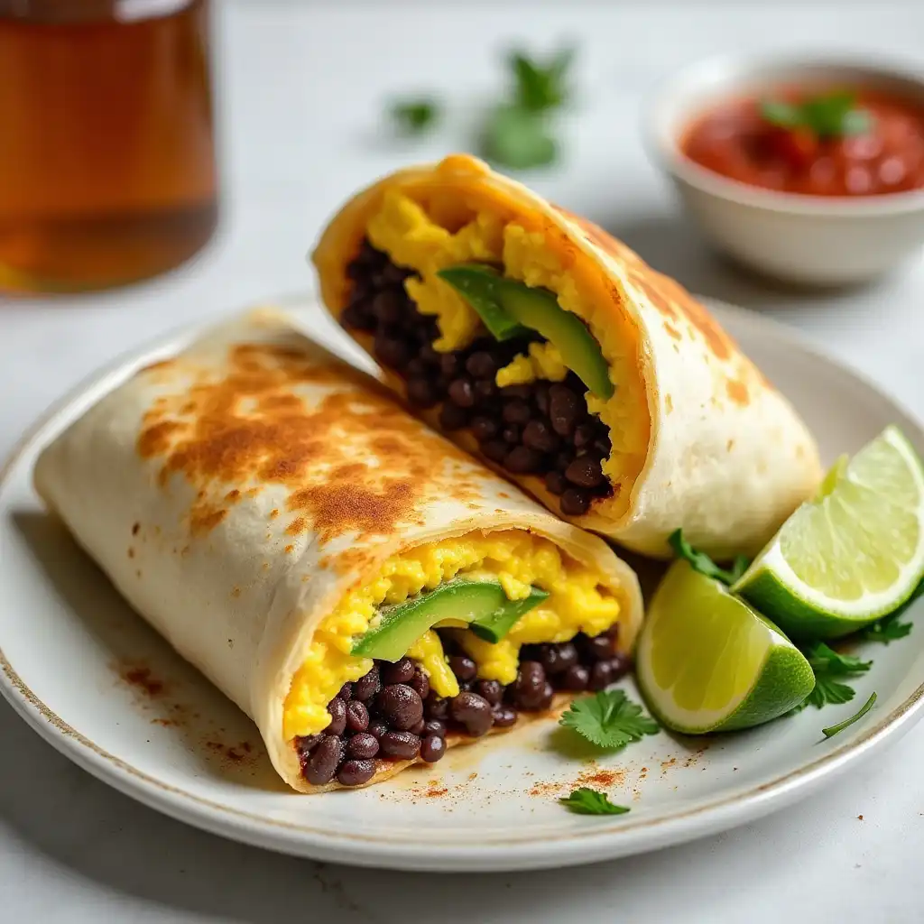 Gluten free breakfast burrito cut in half, filled with eggs, beans, and avocado