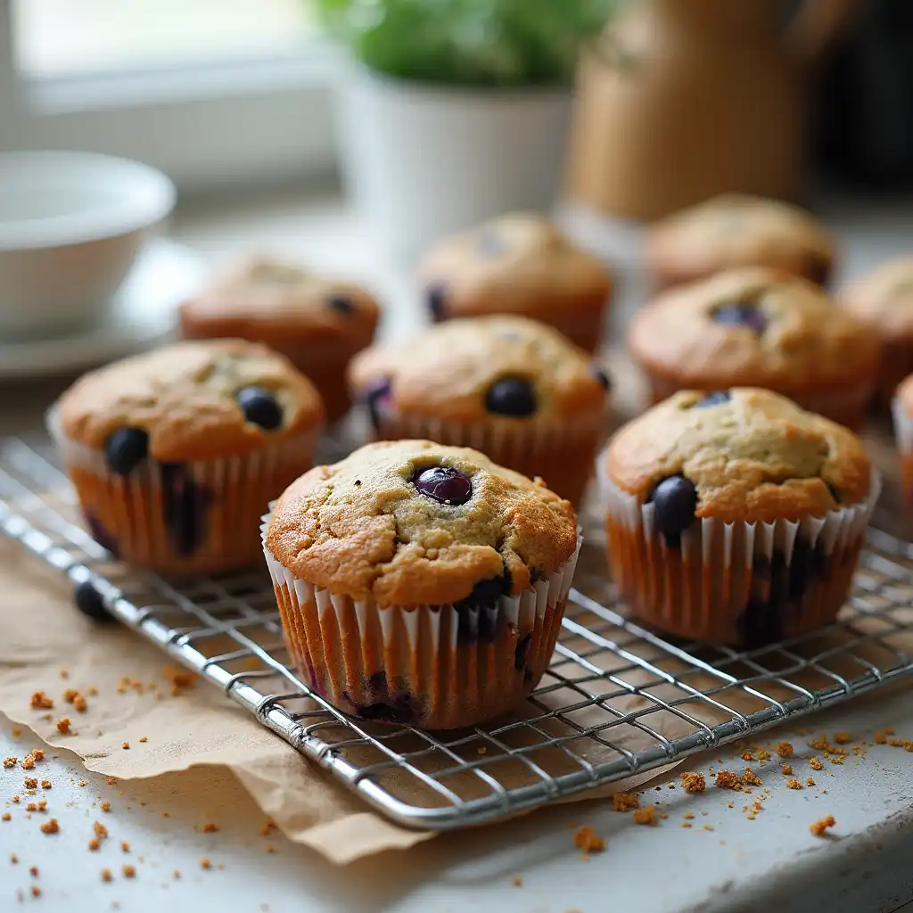 Gluten free muffins with berries and chocolate chips on a cooling rack