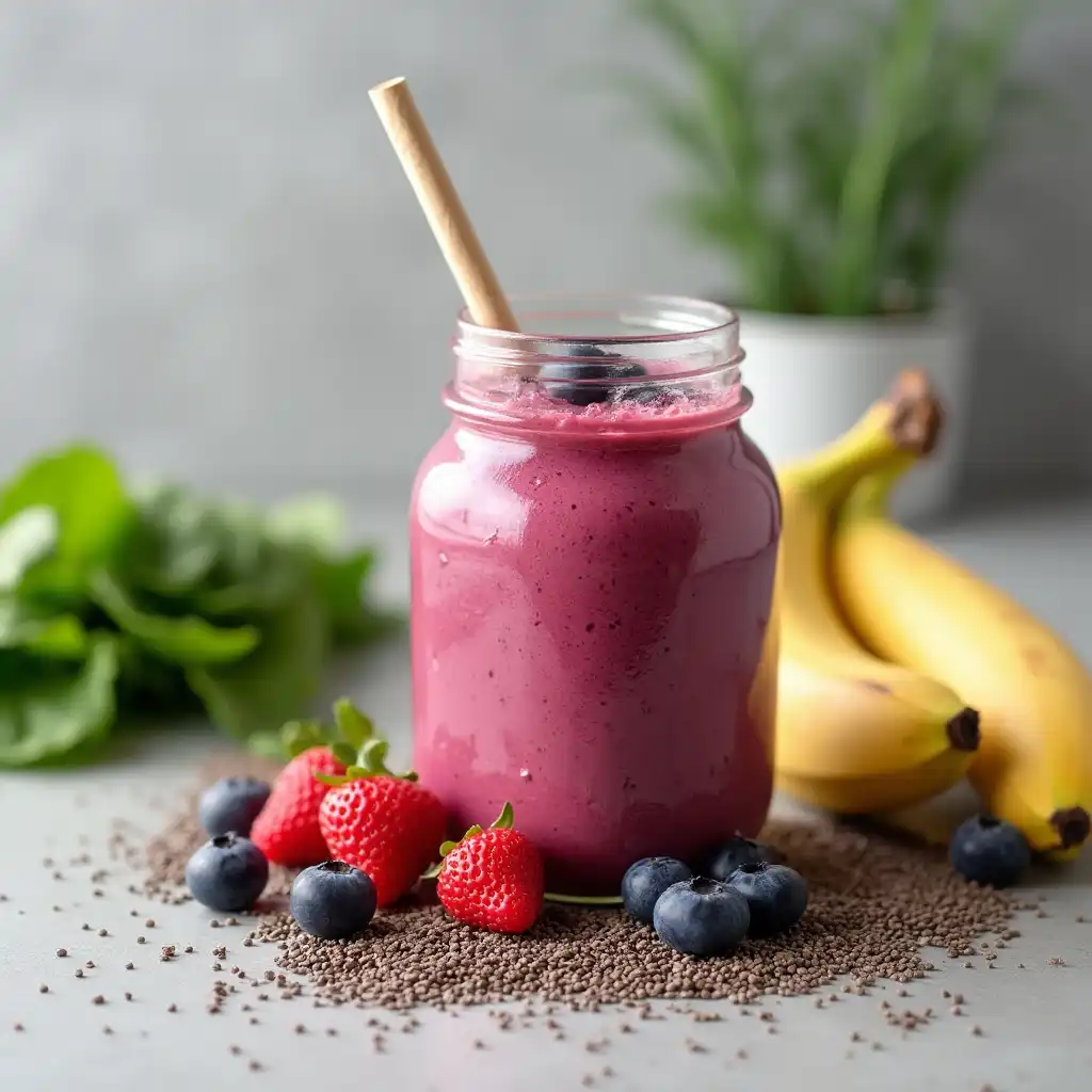 Purple breakfast smoothie with spinach, berries, and banana for a gluten free recipe