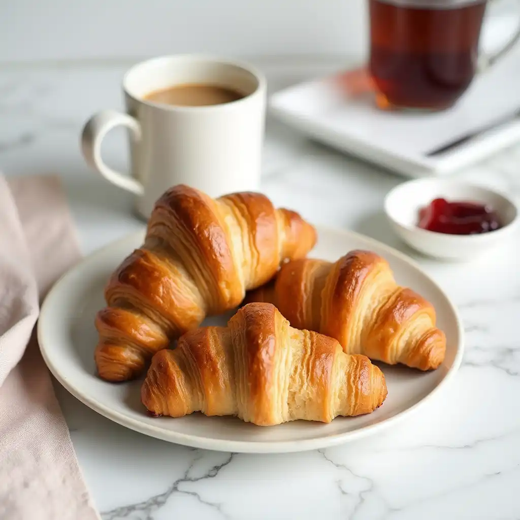Golden brown gluten-free croissants on a plate with jam and coffee, set in a cozy kitchen setting.