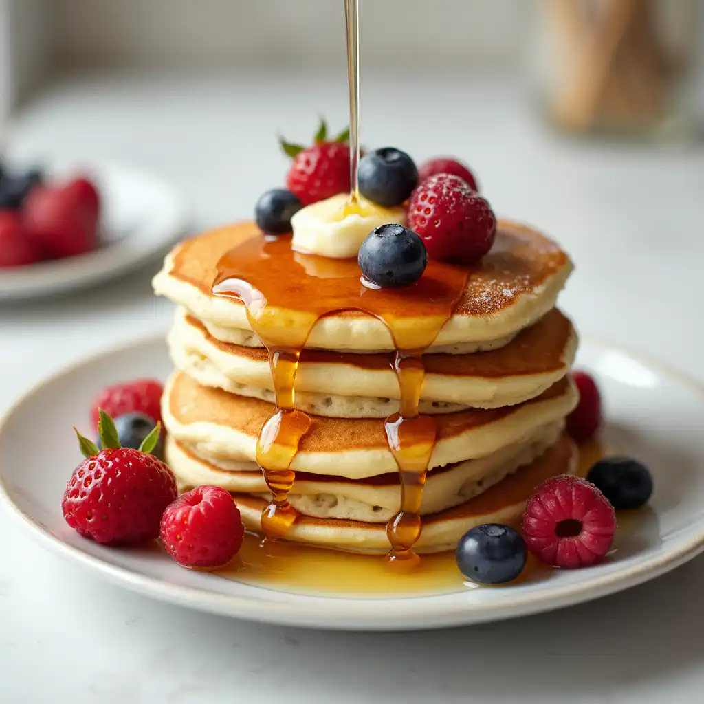 Stack of gluten free pancakes topped with fresh berries and syrup