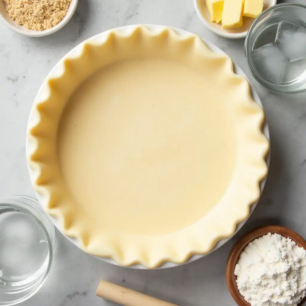 Gluten-free pie crust being shaped in a ceramic dish, with flour, butter, and ice water visible nearby.