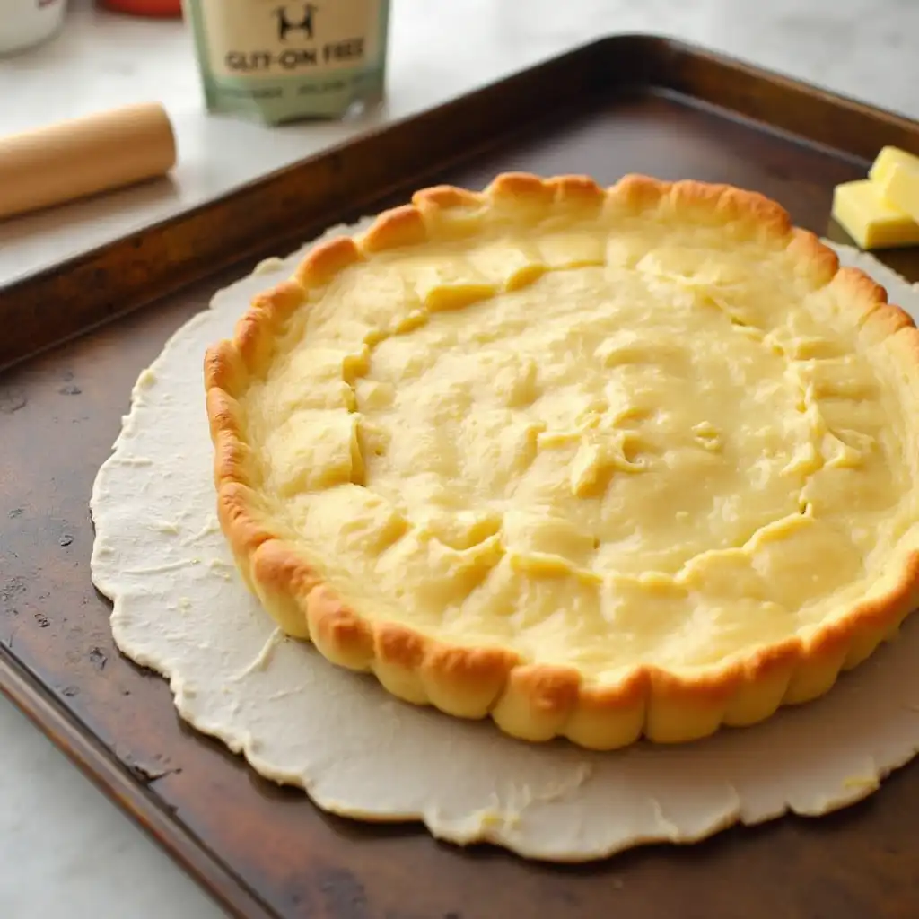 Freshly baked gluten-free puff pastry with golden flaky layers on a baking tray, surrounded by butter and gluten-free flour.