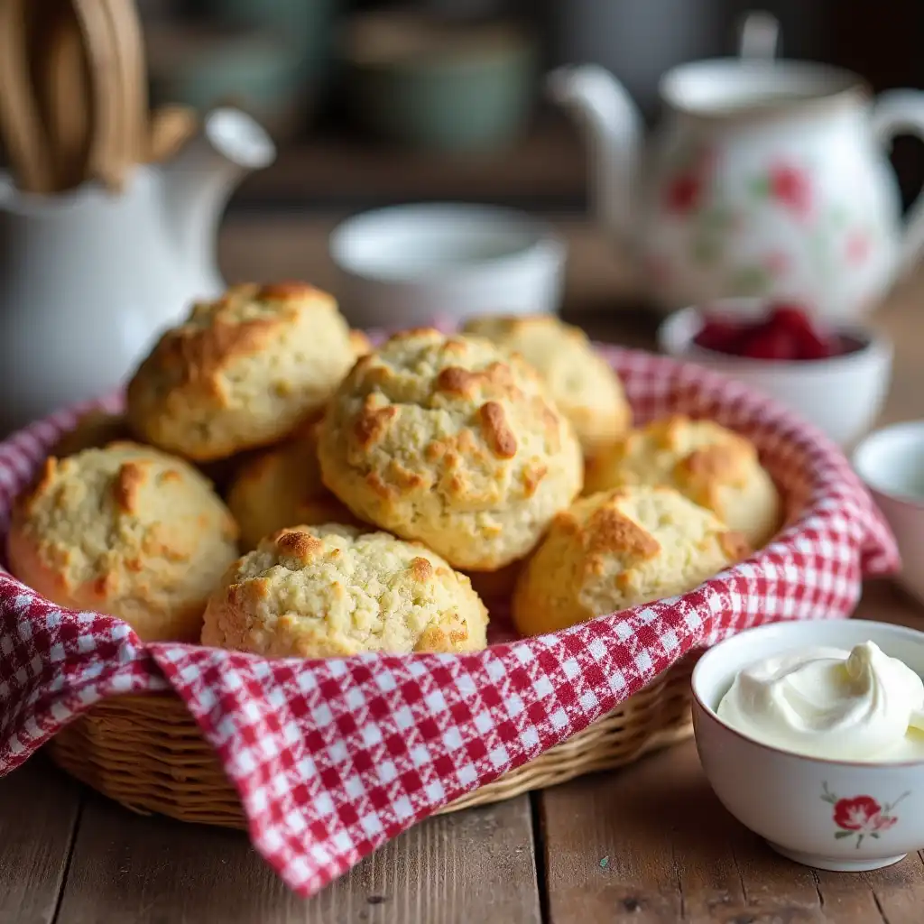 Gluten-free scones in a basket with jam and cream, set in a warm, inviting kitchen.