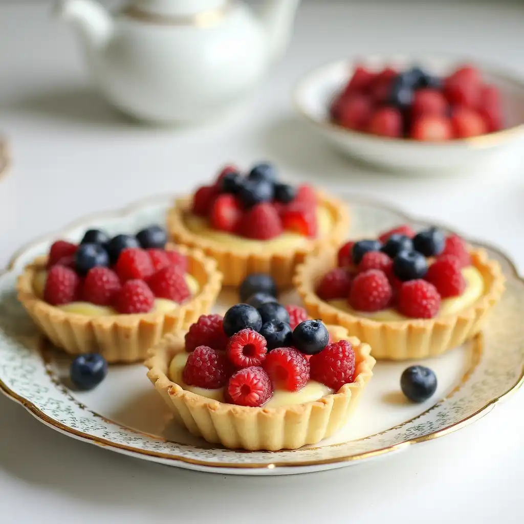 Colorful gluten-free fruit tarts topped with berries and glaze, served on a decorative platter.