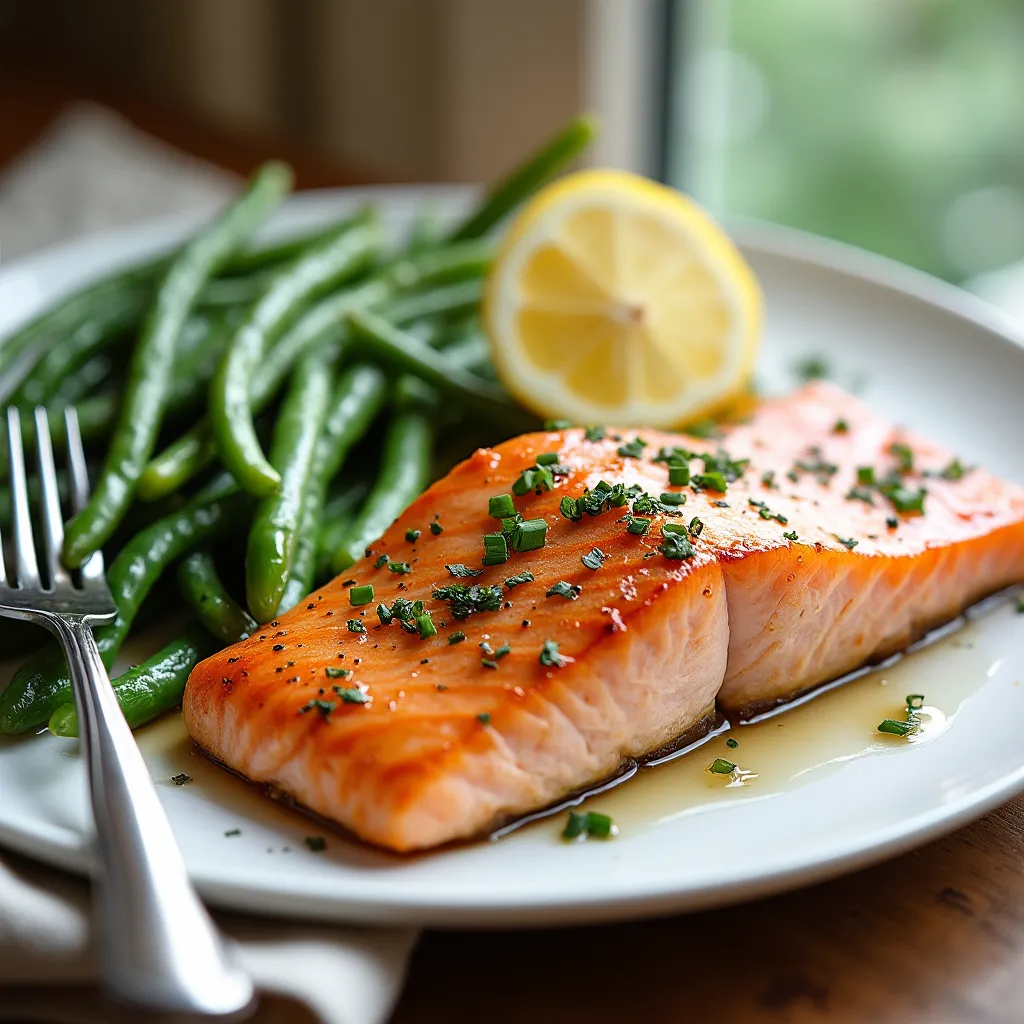 Seared salmon fillet with lemon slices and herbs on a plate with green beans