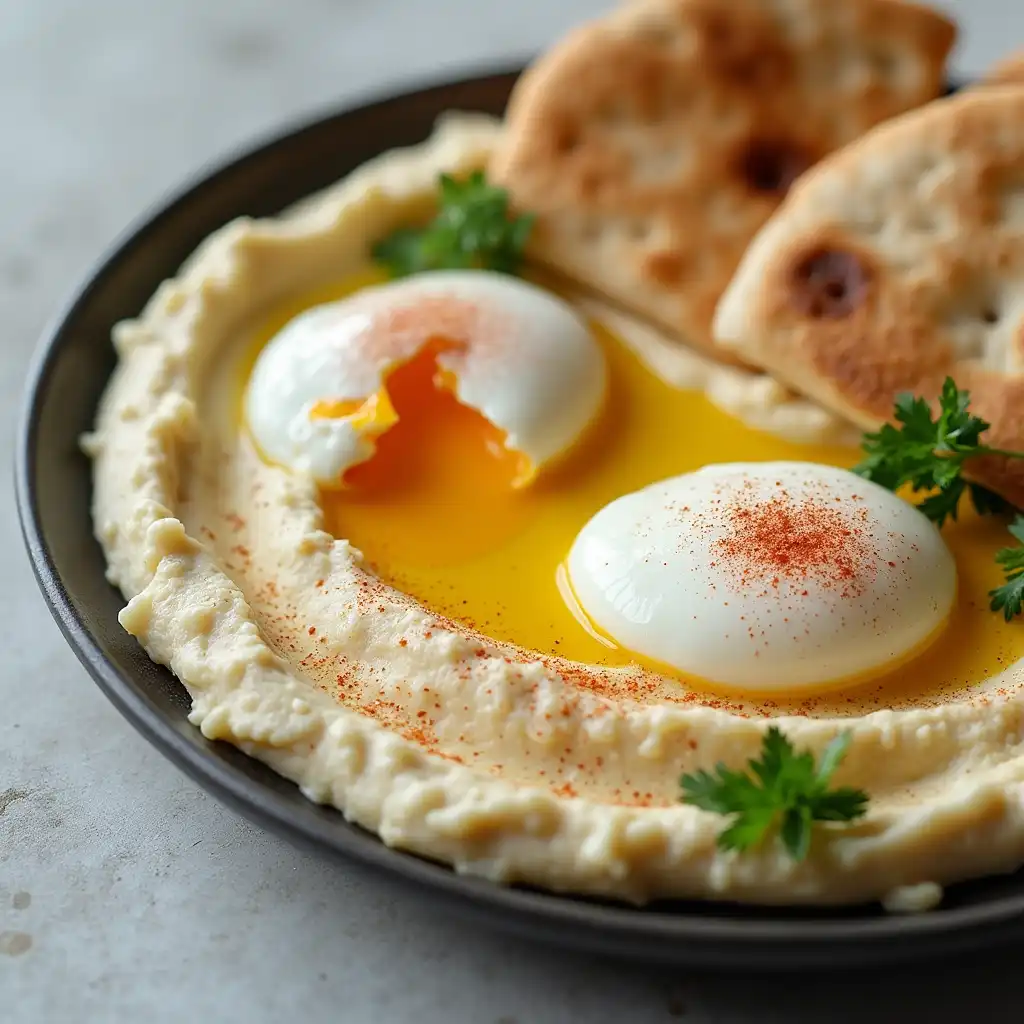 A modern Arabic breakfast dish featuring hummus topped with poached eggs and paprika