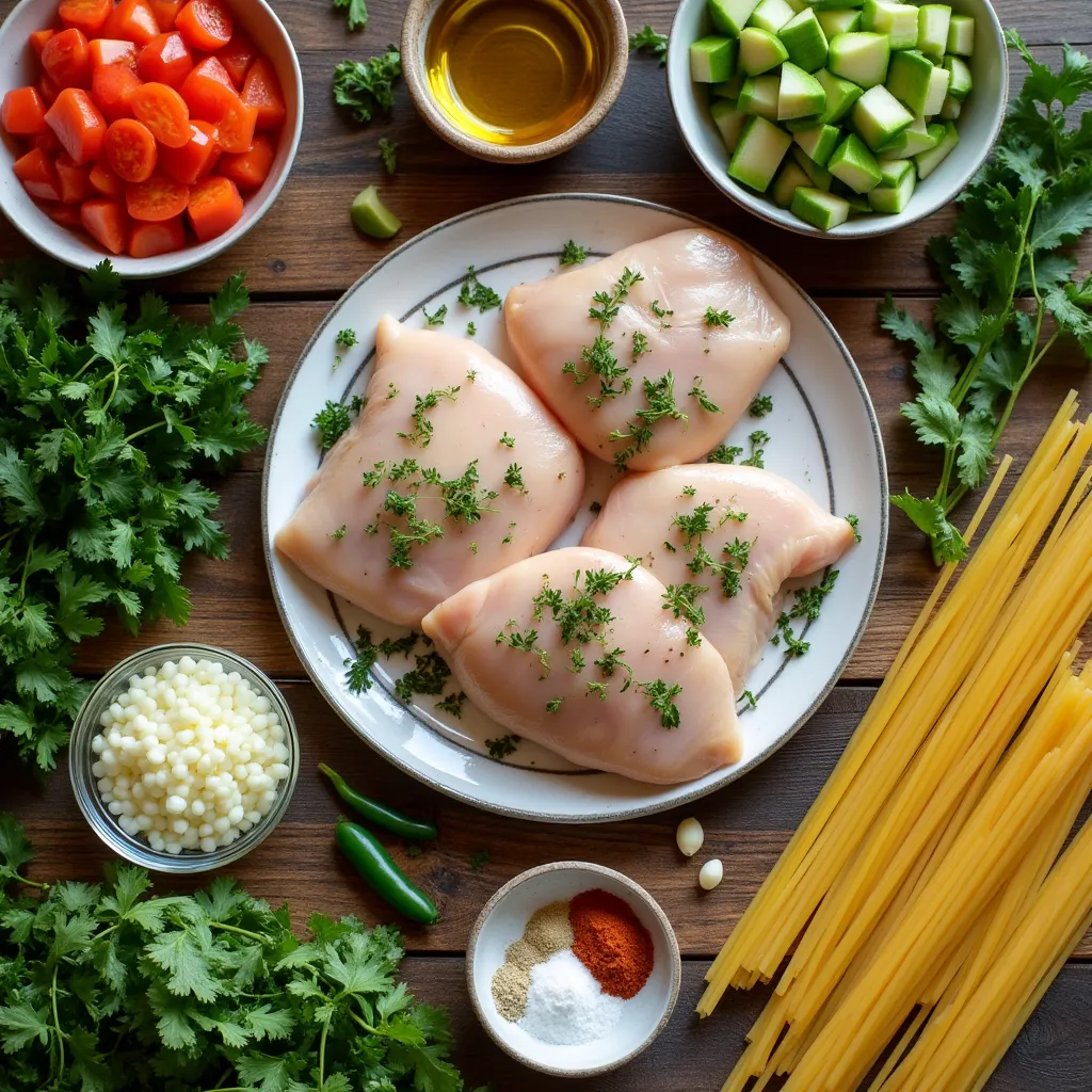 Fresh vegetables, herbs, and chicken prepped for Kidspot Recipes Dinner