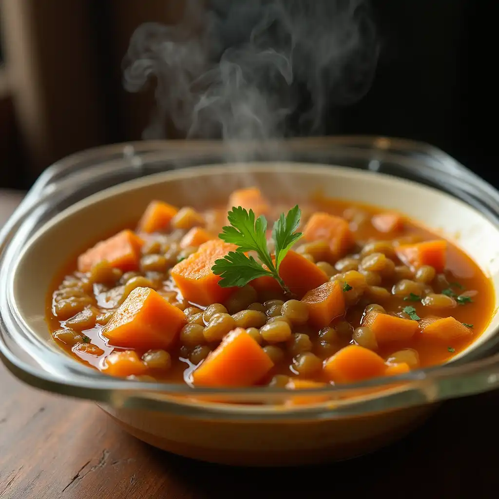 A bowl of lentil stew with sweet potato and vegetables in a glass meal prep container