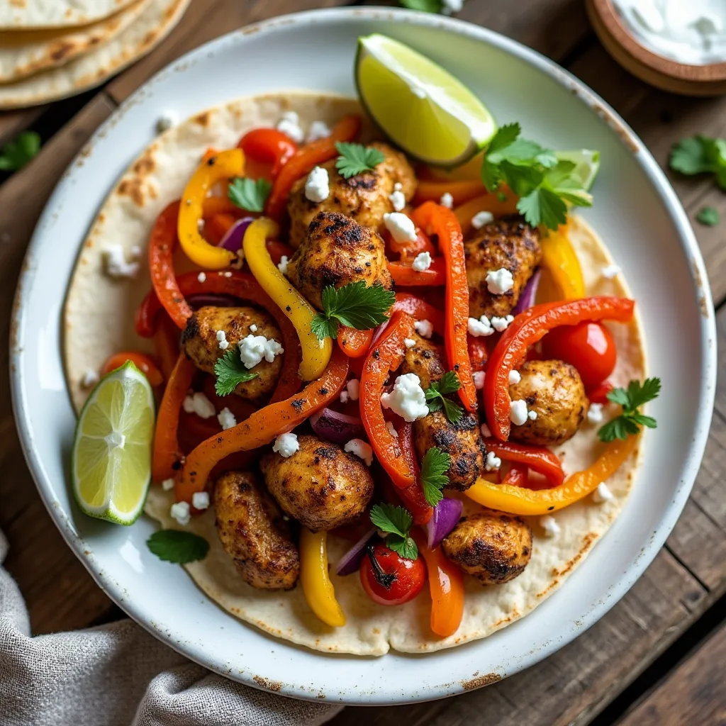 Plate of chicken fajitas with red and green bell peppers and gluten-free tortillas
