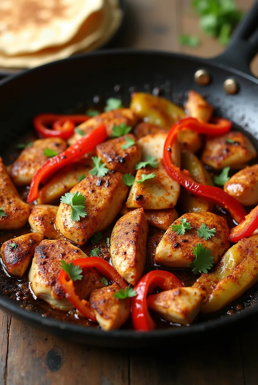 A tantalizing platter of Low FODMAP Chicken Fajitas with colorful bell peppers, seasoned with spices, and served with gluten-free tortillas.