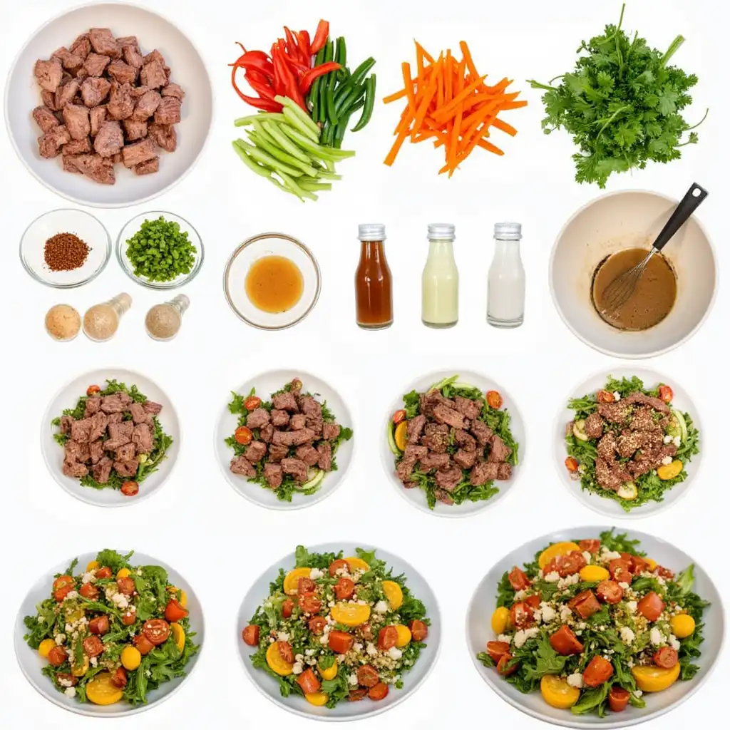 Asian Fusion Meat Salad with grilled strips, fresh veggies, and a bottle of sesame dressing