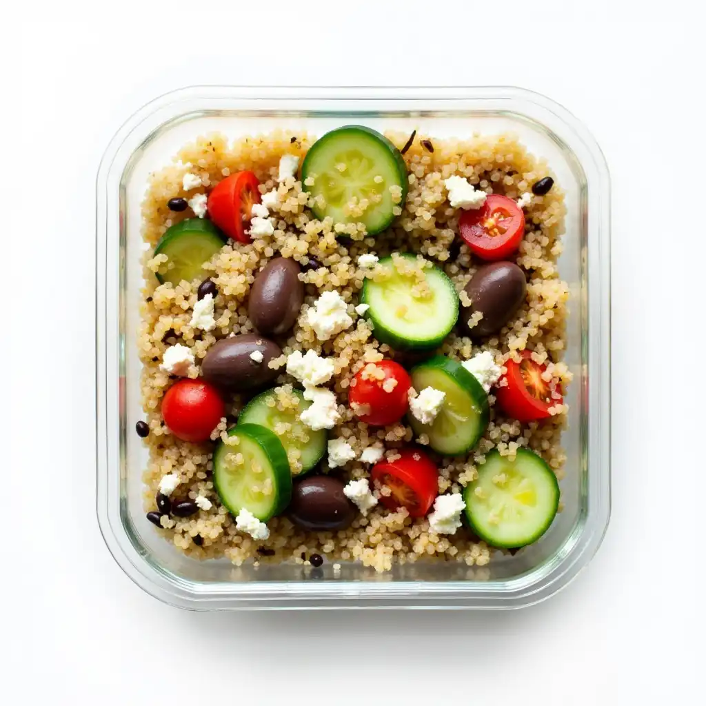 A lunch container with quinoa, tomatoes, cucumber, olives, and feta cheese