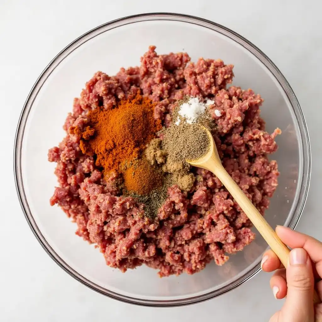 Hands mixing ground venison with spices in a bowl