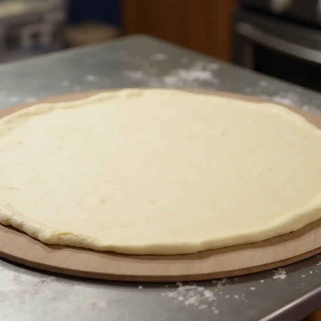 Proofed pizza dough on a peel, ready for toppings and to be baked into delectable pizza.