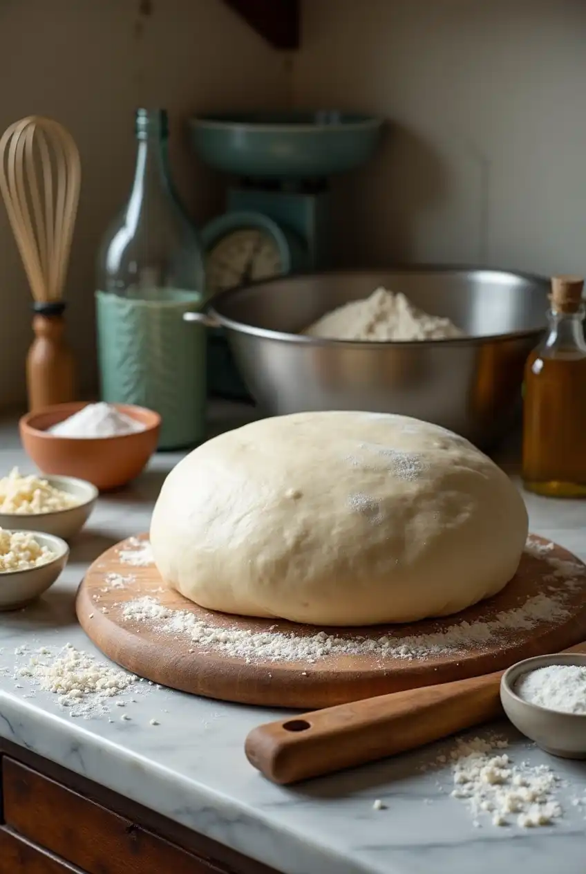 Fresh uncooked pizza dough ball on wooden board with quality ingredients in a rustic Italian kitchen.