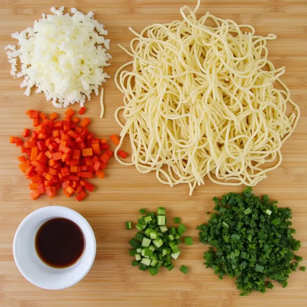 Key ingredients for making Sheet-Pan Crispy Ramen displayed on a wooden countertop.