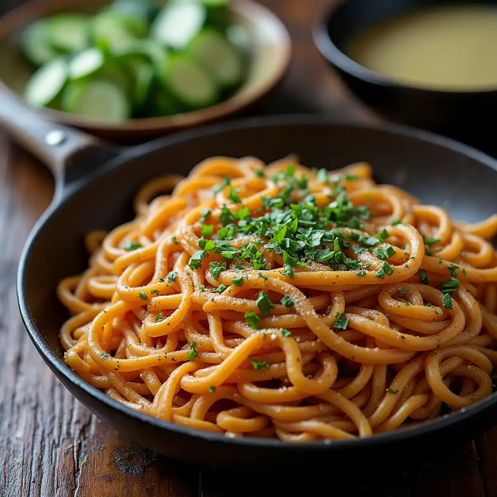 Final presentation of Sheet-Pan Crispy Ramen on a dining table with sides.